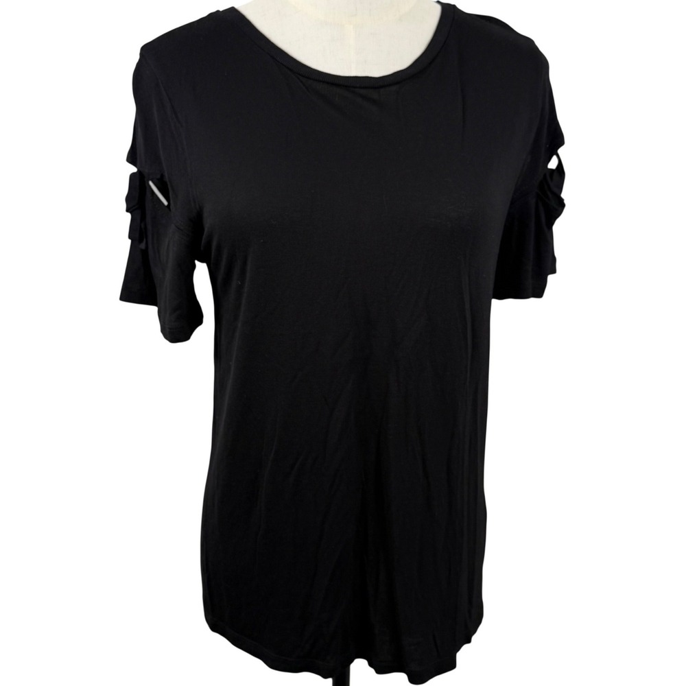 Topshop Women 4 S Black Top Cutout Bow Cold Shoulder Crew Neck Coquette Goth EUC
